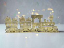 Afbeelding in Gallery-weergave laden, Handmade Christmas gold  three piece train set measuring 50 x 8 x 16cmwith t-light holders
