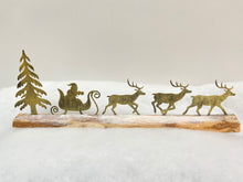 Load image into Gallery viewer, Handmade Christmas gold sleigh and reindeers with Christmas tree on a wood log 46 x 5 x 17cm
