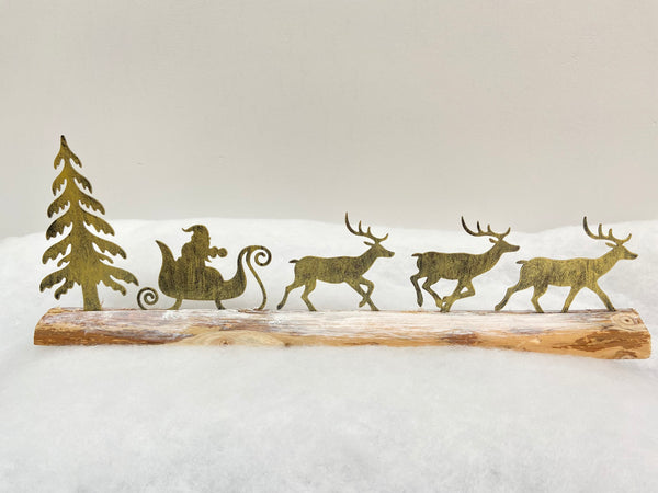 Handmade Christmas gold sleigh and reindeers with Christmas tree on a wood log 46 x 5 x 17cm