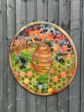 Load image into Gallery viewer, Handmade 60cm Bee and bee hive Wall Plaque with acrylic mirror, colourful Metal, Garden/indoor Wall Art powder coated steel - Marissa&#39;s Garden &amp; Gift
