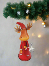 Load image into Gallery viewer, Handmade nodding reindeer with Christmas star measuring 15 x 10 x 25cm
