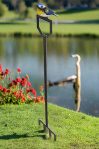 Handmade powder coated Blue tit on a spade sculpture 105cm tall