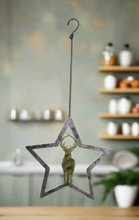 Load image into Gallery viewer, Handmade powder coated hanging silver star with reindeer measuring 27 x 25 x 1cm
