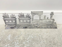 Load image into Gallery viewer, Handmade Christmas silver three piece train set measuring 50 x 8 x 16cm
