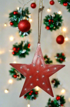 Laden Sie das Bild in den Galerie-Viewer, Handmade powder coated hanging red star measuring 45 x 45 x 1cm
