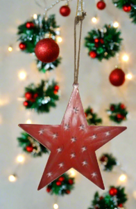 Handmade powder coated hanging red star measuring 45 x 45 x 1cm