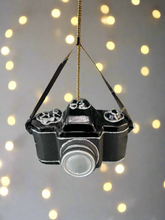 Load image into Gallery viewer, Glass Christmas camera/ photographers camera Christmas bauble tree hanging decoration/christmas/seasonal/ glass hanging item
