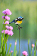 Indlæs billede til gallerivisning Handmade powder coated Blue tit on a pole sculpture 130cm tall
