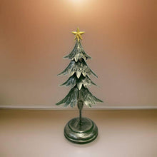 Indlæs billede til gallerivisning Handmade Christmas metal tree table decoration green with gold brushed effect 16 x 10 x 31cm
