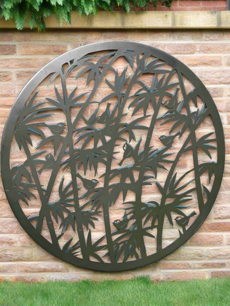 Handmade black 60cm wall plaque of birds wall with fern leaves plaque, powder coated  Metal, Garden/indoor Wall Art/ hand painted