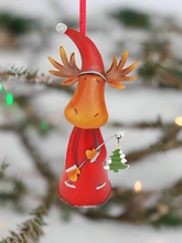 Load image into Gallery viewer, Handmade nodding reindeer with Christmas tree measuring 15 x 10 x 25cm
