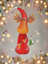 Load image into Gallery viewer, Handmade nodding reindeer with Christmas tree measuring 15 x 10 x 25cm
