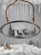 Laden Sie das Bild in den Galerie-Viewer, Handmade reindeer and Christmas tree silver wall art for indoors/outdoors oval wall art 38 x 1 x 18cm
