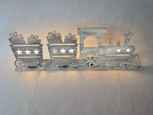 Load image into Gallery viewer, Handmade Christmas silver three piece train set measuring 50 x 8 x 16cm
