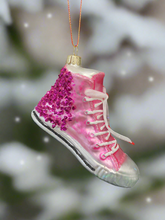 Load image into Gallery viewer, Glass Christmas pink glitter trainer shoe Christmas bauble tree hanging decoration/christmas/seasonal/ glass hanging item
