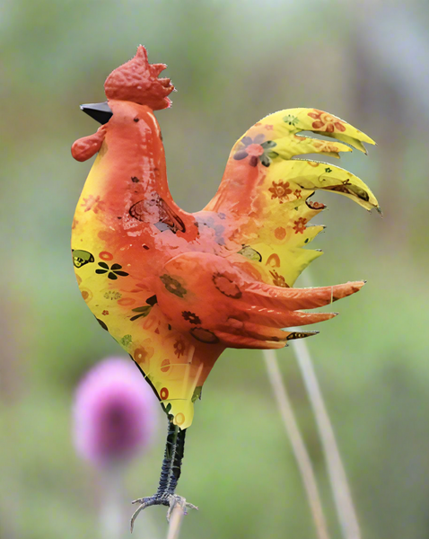 Percy the metal cockerel in vibrant orange and yellow Art Deco design measuring 23 x 10 x 36.5cm for garden/outdoors