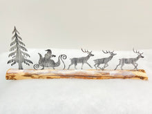 Load image into Gallery viewer, Handmade Christmas silver sleigh and reindeers with Christmas tree on a wood log 46 x 5 x 17cm
