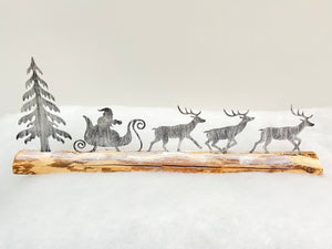 Handmade Christmas silver sleigh and reindeers with Christmas tree on a wood log 46 x 5 x 17cm