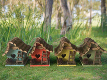 Load image into Gallery viewer, Handmade wooden coloured birdhouse hut with adorable heart shaped bird hole and ladder. The measurements are 17 x 11.5 x 17cm - Marissa&#39;s Garden &amp; Gift
