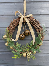 Load image into Gallery viewer, Handmade hanging wreath with bells/ Christmas seasonal decor 30 x 30 x 18cm
