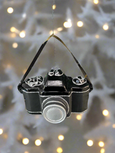 Load image into Gallery viewer, Glass Christmas camera/ photographers camera Christmas bauble tree hanging decoration/christmas/seasonal/ glass hanging item
