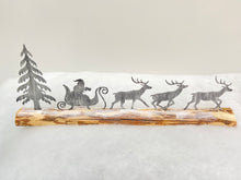 Load image into Gallery viewer, Handmade Christmas silver sleigh and reindeers with Christmas tree on a wood log 46 x 5 x 17cm
