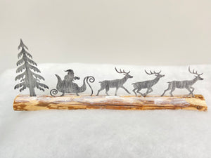 Handmade Christmas silver sleigh and reindeers with Christmas tree on a wood log 46 x 5 x 17cm