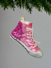 Load image into Gallery viewer, Glass Christmas pink glitter trainer shoe Christmas bauble tree hanging decoration/christmas/seasonal/ glass hanging item
