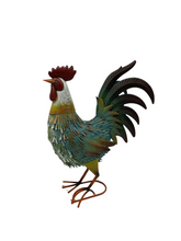 Load image into Gallery viewer, Garden metal cockerel/ hen blue, white and yellow named Noah measuring 16 x 22 x 45cm
