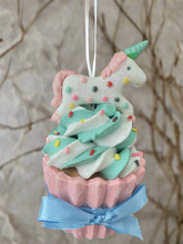 Load image into Gallery viewer, Resin unicorn cupcake Christmas bauble tree hanging decoration/christmas/seasonal/ resin hanging item
