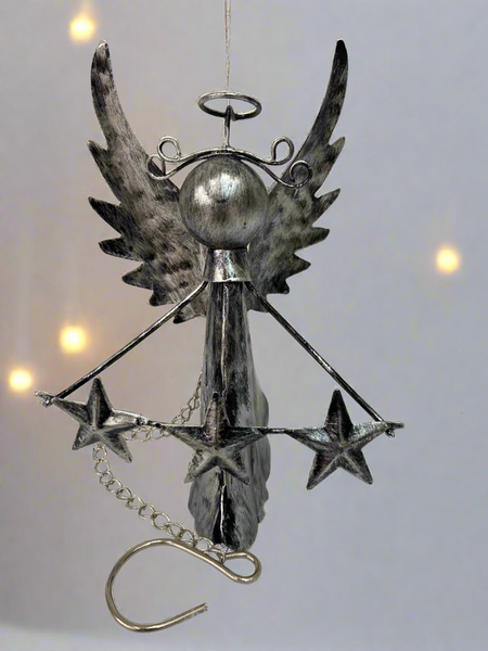 Handmade powder coated Christmas hanging angel with stars measuring 6 x 5 x13cm