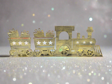 Laden Sie das Bild in den Galerie-Viewer, Handmade Christmas gold  three piece train set measuring 50 x 8 x 16cmwith t-light holders
