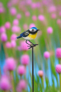 Handmade powder coated Blue tit on a pole sculpture 130cm tall