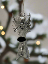 Indlæs billede til gallerivisning Handmade powder coated Christmas hanging angel with flute measuring 6 x 5 x13cm
