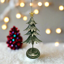 Indlæs billede til gallerivisning Handmade Christmas metal tree table decoration green with gold brushed effect 16 x 10 x 31cm
