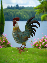 Load image into Gallery viewer, Garden metal cockerel/ hen blue, white and yellow named Noah measuring 16 x 22 x 45cm
