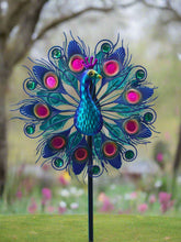 Laden Sie das Bild in den Galerie-Viewer, Handmade Aurora peacock powder coated garden wind sculpture spinner measuring 150cm
