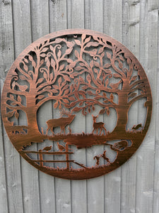 Handmade bronze 80cm bronze wall plaque of Woodland animals Tree Wall Plaque, powder coated steel , indoor/outdoor Wall Art