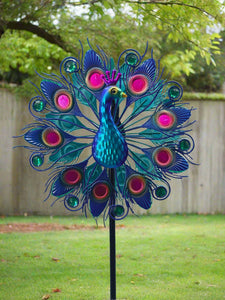 Handmade Aurora peacock powder coated garden wind sculpture spinner measuring 150cm