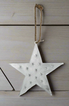 Load image into Gallery viewer, Handmade powder coated hanging white star measuring 45 x 45 x 1cm
