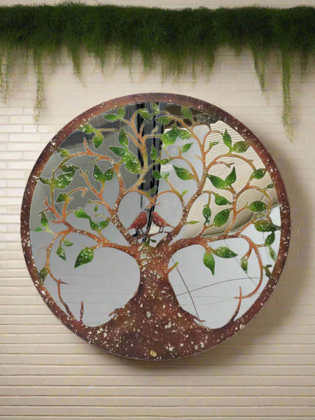 Rusty tree of life with heart and lovebirds wall art peeling effect 60cm acrylic mirror suitable for indoors/outdoors anniversary/birthday gift