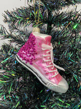 Load image into Gallery viewer, Glass Christmas pink glitter trainer shoe Christmas bauble tree hanging decoration/christmas/seasonal/ glass hanging item
