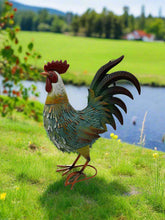 Load image into Gallery viewer, Garden metal cockerel/ hen blue, white and yellow named Noah measuring 16 x 22 x 45cm - Marissa&#39;s Garden &amp; Gift
