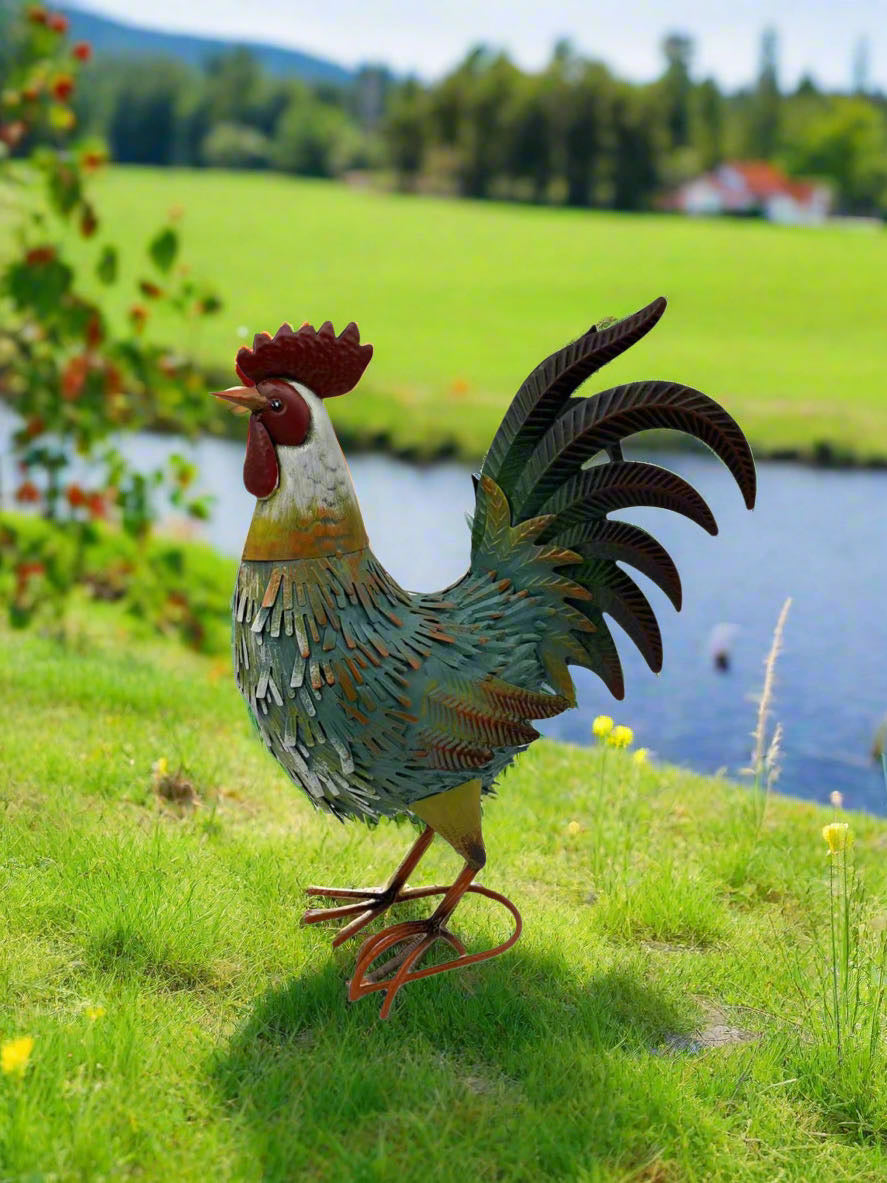 Garden metal cockerel/ hen blue, white and yellow named Noah measuring 16 x 22 x 45cm