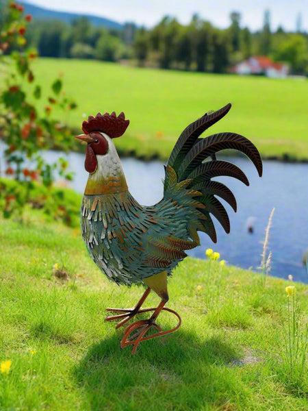 Garden metal cockerel/ hen blue, white and yellow named Noah measuring 16 x 22 x 45cm