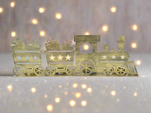 Load image into Gallery viewer, Handmade Christmas gold  three piece train set measuring 50 x 8 x 16cmwith t-light holders
