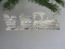 Load image into Gallery viewer, Handmade Christmas silver three piece train set measuring 50 x 8 x 16cm
