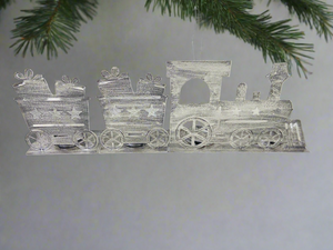 Handmade Christmas silver three piece train set measuring 50 x 8 x 16cm