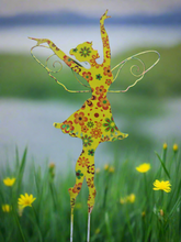 Indlæs billede til gallerivisning Standing Art Deco yellow floral garden/ outdoor metal garden fairy measuring 24.5 x 8 x 55cm
