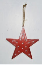 Laden Sie das Bild in den Galerie-Viewer, Handmade powder coated hanging red star measuring 45 x 45 x 1cm
